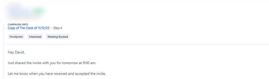 Positive reply from a brand owner — meeting booked, invite shared